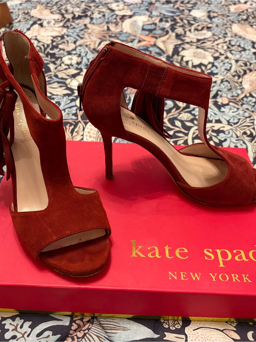 kate spade Red Suede T-Strap Open-Toe Heels with Ankle Tie